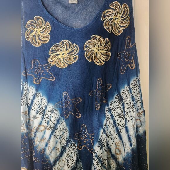 Jessica Taylor One Size Navy Blue Sea Print Slvless Embroidered MidiBeach Dress - Picture 4 of 9